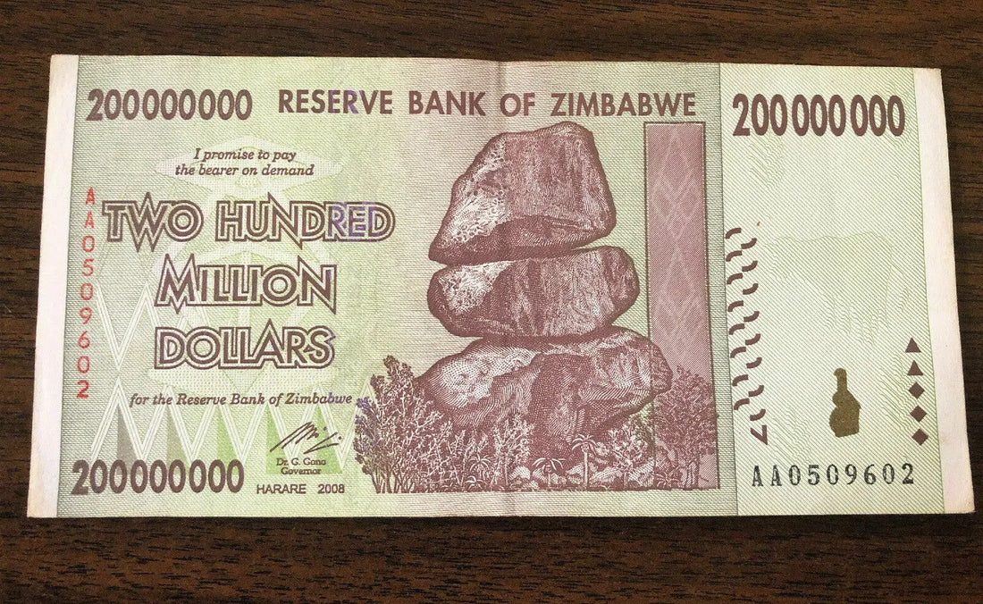 Zimbabwe 200 million dollar banknote with balancing rocks, collectible world currency