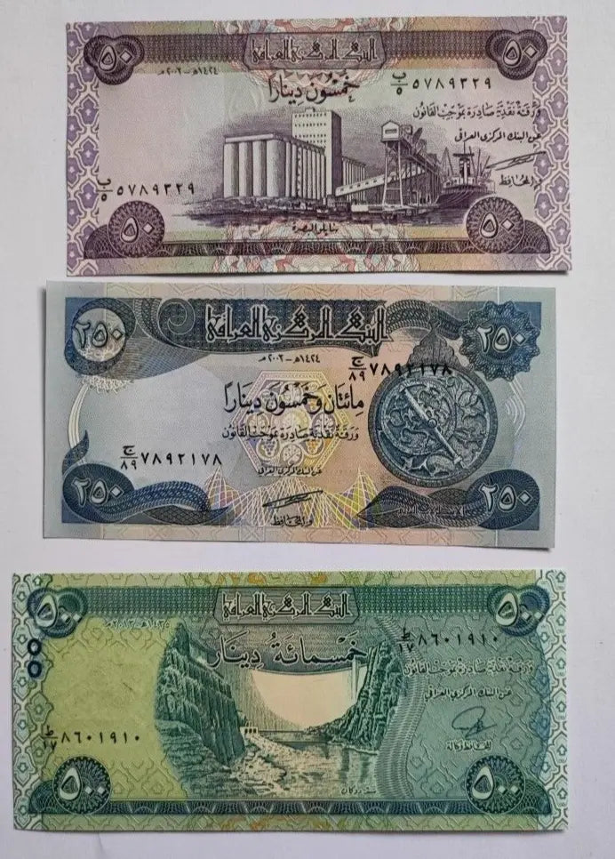 Three colorful world banknotes with detailed Arabic script, landmarks, and nature scenes
