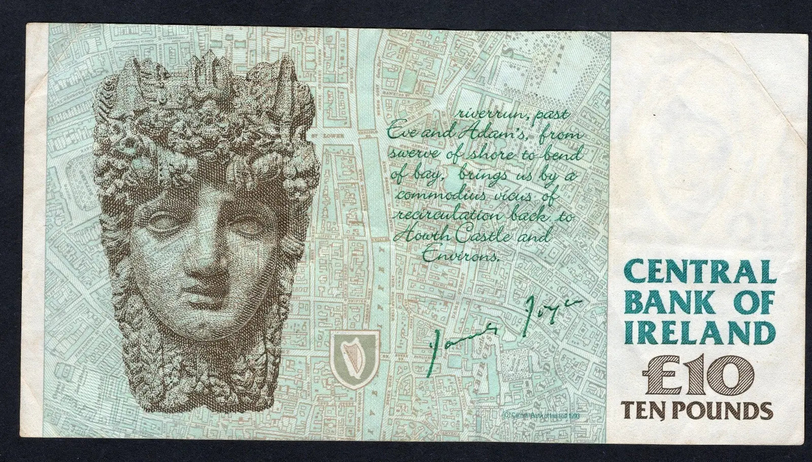 back of 1998 CENTRAL BANK OF IRELAND TWENTY 10 POUNDS BANKNOTE In Use Condition/ref d11