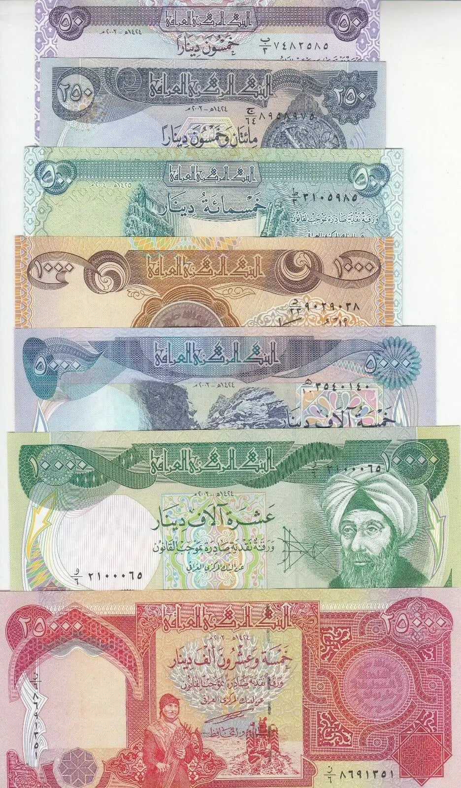 IRAQ 50 250 500 1000 5000 10000 25000 DINAR in almost uncirculated  condition