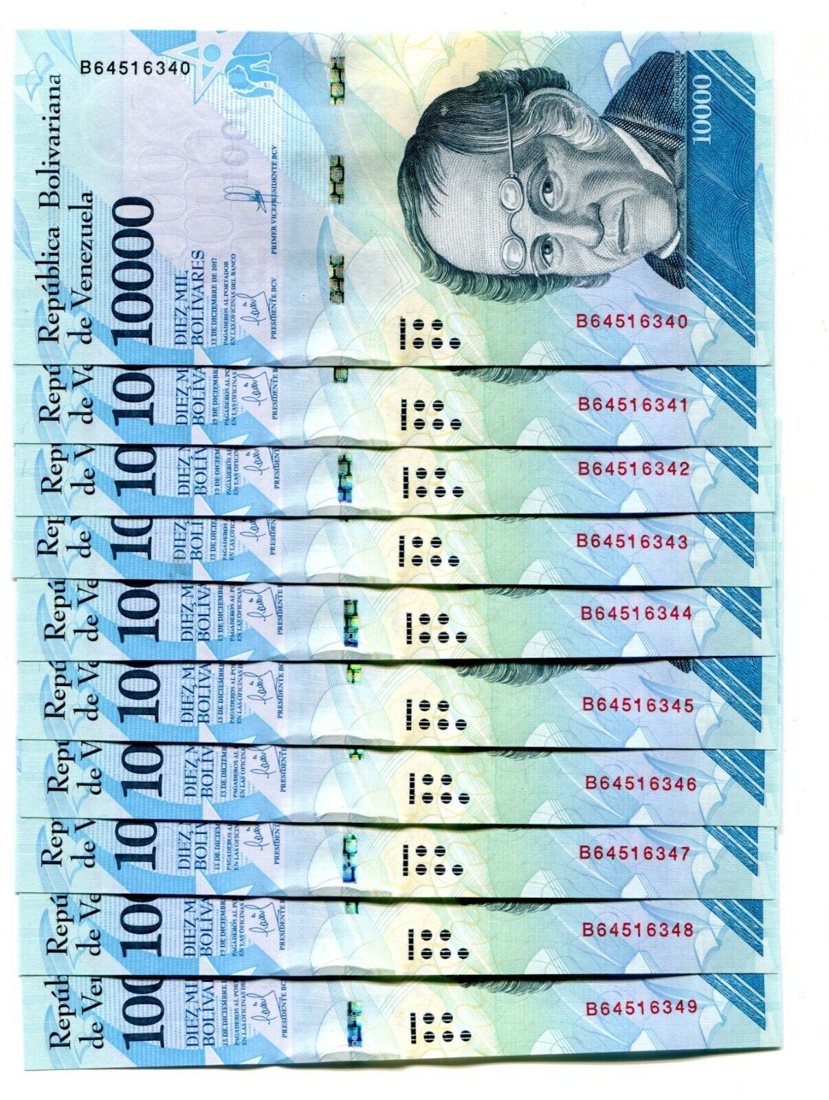VENEZUELA BOLIVARES 10 X 10000 2016/2017UNC LOT 10 PCS Total - worldbanknote