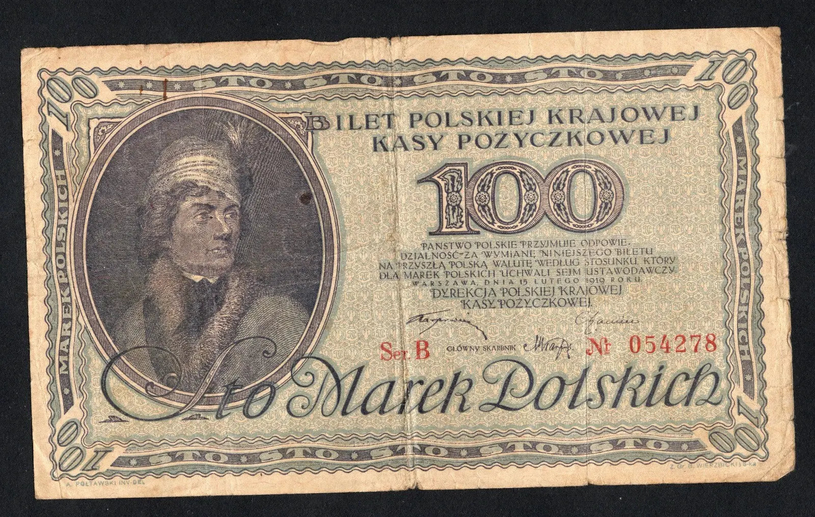 front of Poland Banknote 100 Polish Mark 1919 VF/C2
