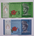 Malaysia 2 PCS Set: 1 & 5 Ringgit (2012/2021) p-51a, p-52c Polymer UNC - worldbanknote