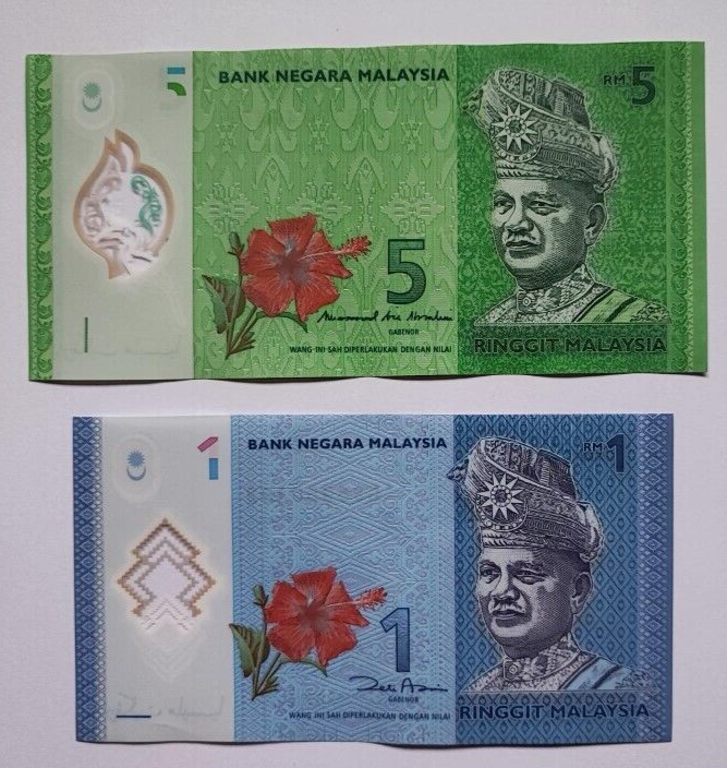 Malaysia 2 PCS Set: 1 & 5 Ringgit (2012/2021) p-51a, p-52c Polymer UNC - worldbanknote