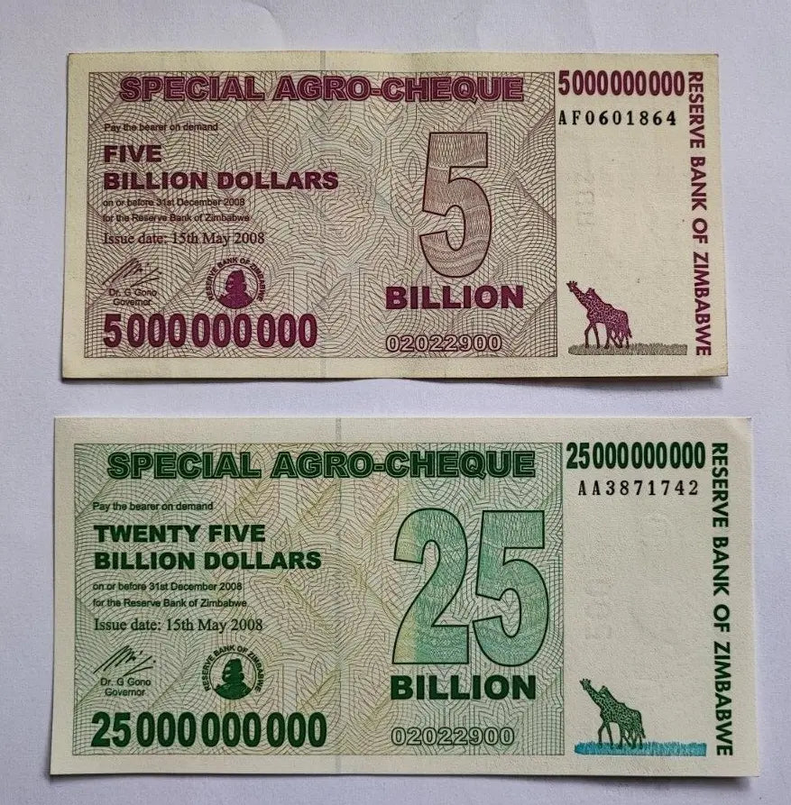 Set of 4 Zimbabwe 5 to 100 Billion Dollars Special Agro-Cheque Notea  AUNC
