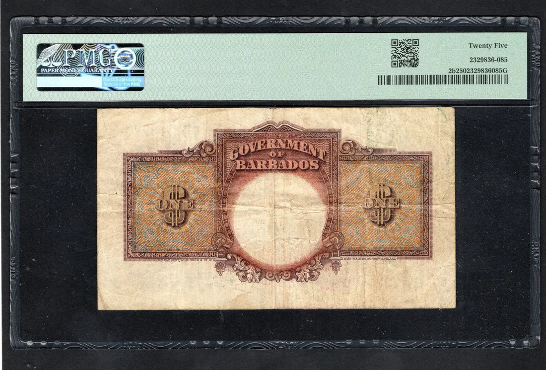 FRONT OF Barbados - 1939 One Dollar Banknote P-2b  PMG Very Fine 25