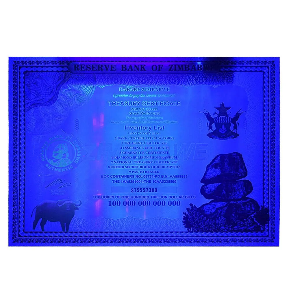 100 Trillion Dollar Silver Foil Banknote Zimbabwe Large Certificate Collectibles