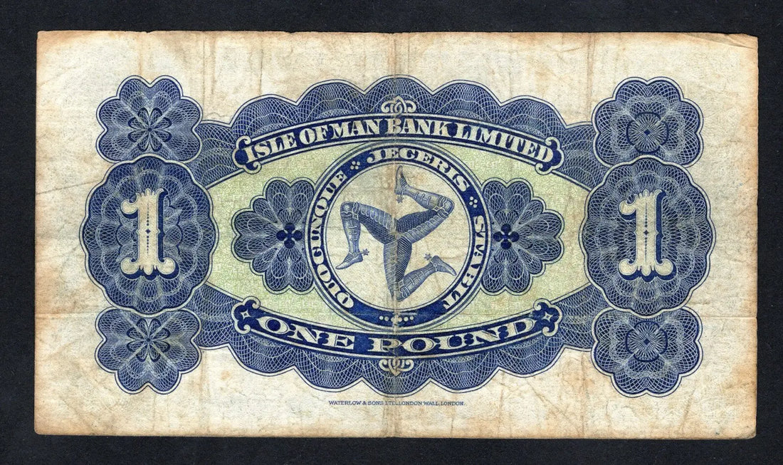 Front and back view of a 1956 Isle of Man Bank Limited One Pound banknote, Pick 8a, featuring Douglas Bay and the Three Legs of Man