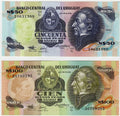 Uruguay 50 and 100 Nuevos Pesos 1987  to 1989 Banknotes  UNC