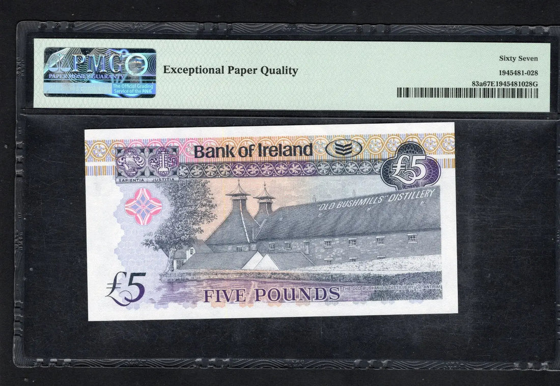 front of Northern Ireland £5 Pounds 2008 ,P-83a Very Low Serial number PMG EPQ 67