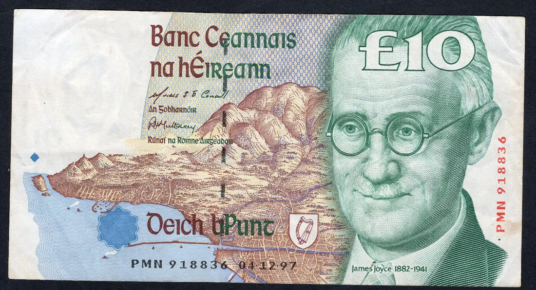front of 1998 CENTRAL BANK OF IRELAND TWENTY 10 POUNDS BANKNOTE In Use Condition/ref d11