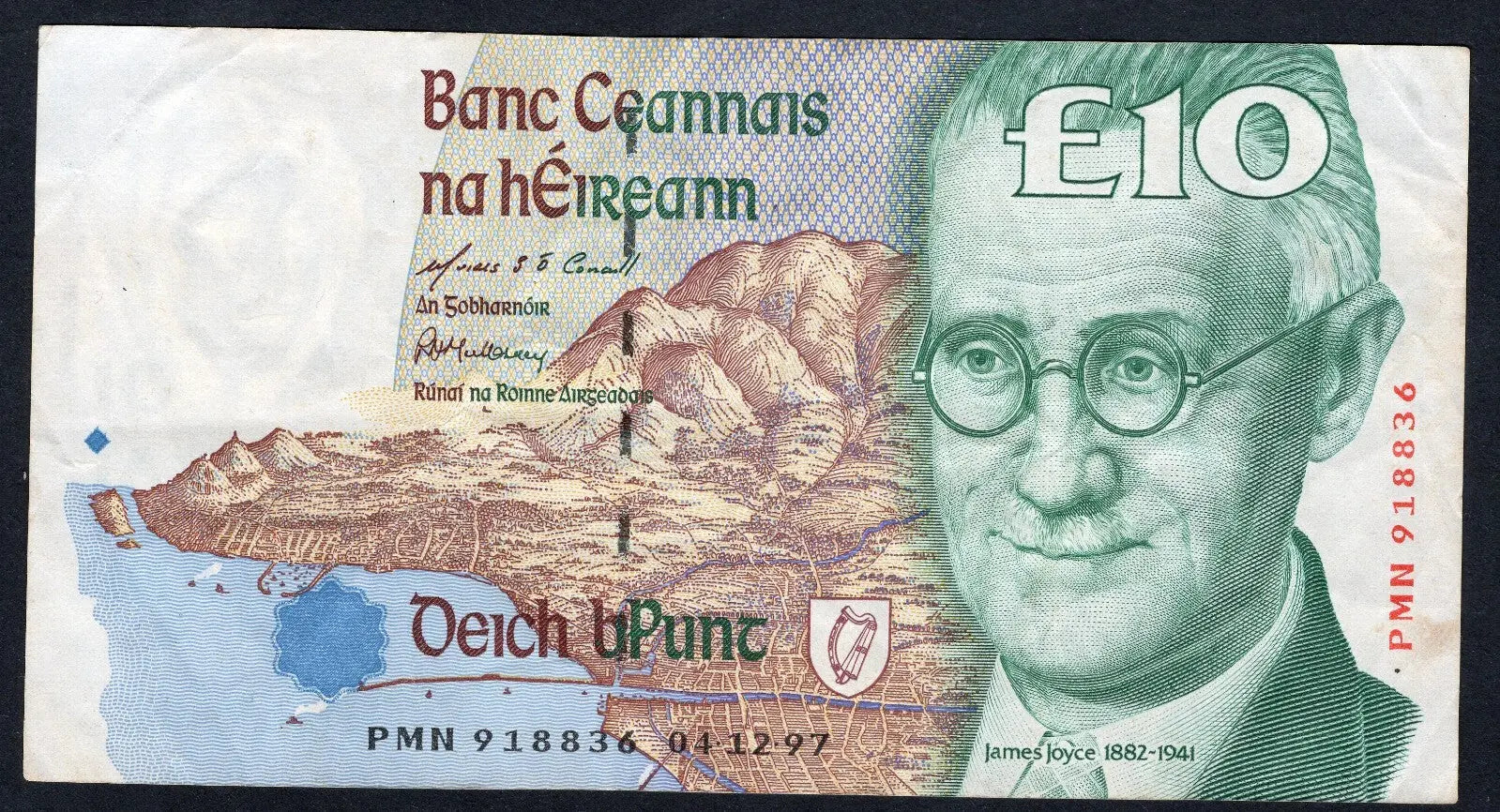 front of 1998 CENTRAL BANK OF IRELAND TWENTY 10 POUNDS BANKNOTE In Use Condition/ref d11