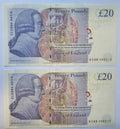 back of 2xBANK OF ENGLAND £20  AUNC/ D15
