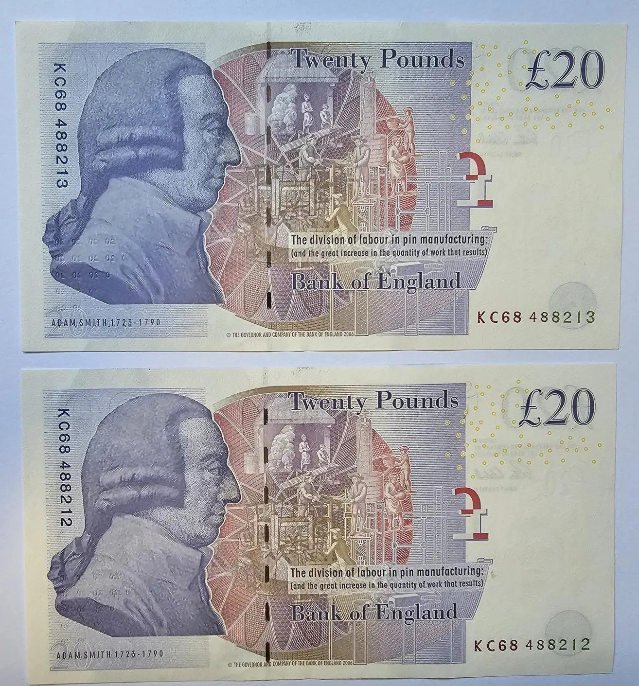 back of 2xBANK OF ENGLAND £20  AUNC/ D15