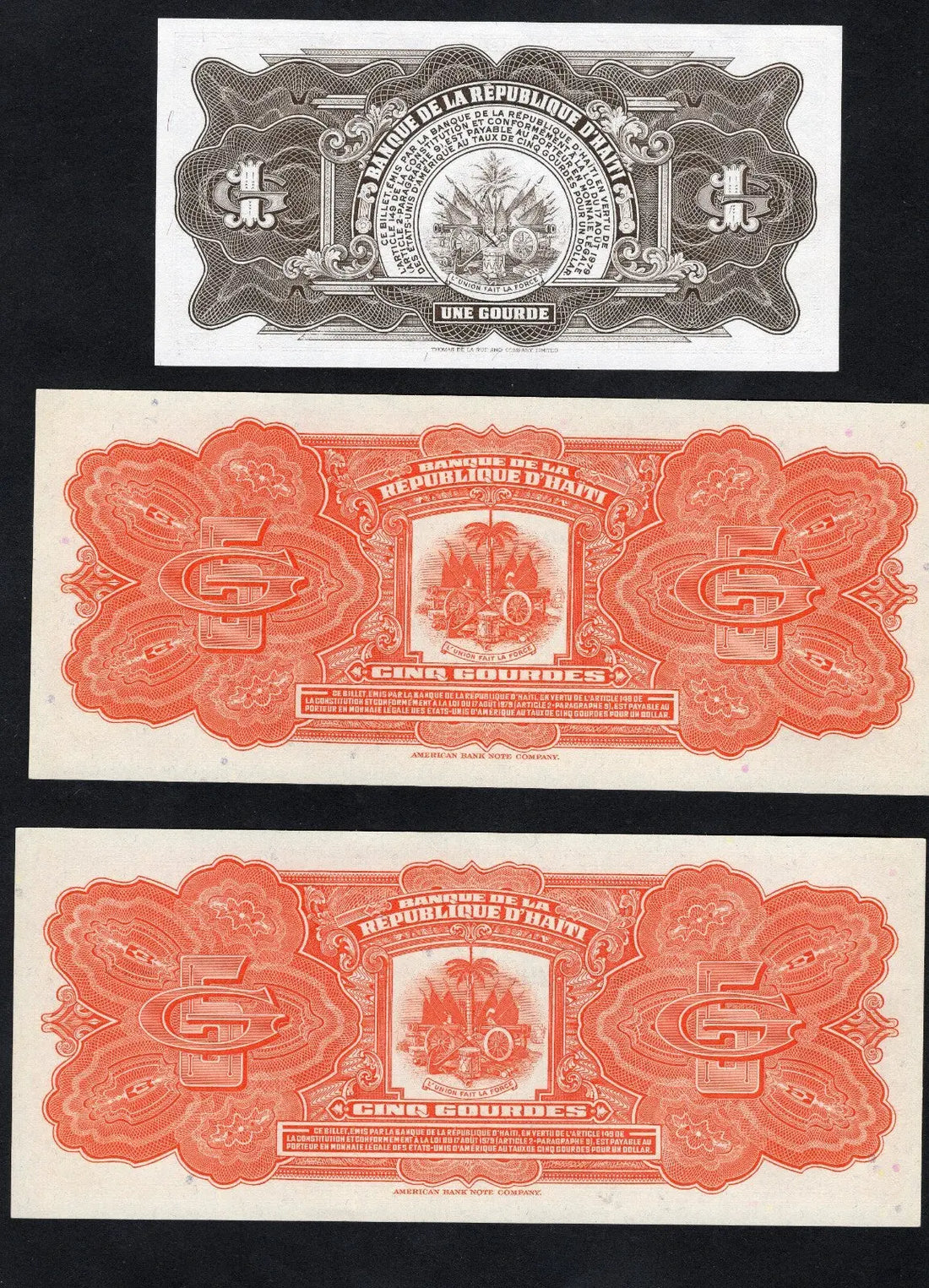 3 HAITI  banknotes 2x 5 Gourdes(1979/1982)  1 Gourde （1968）UNC /c1