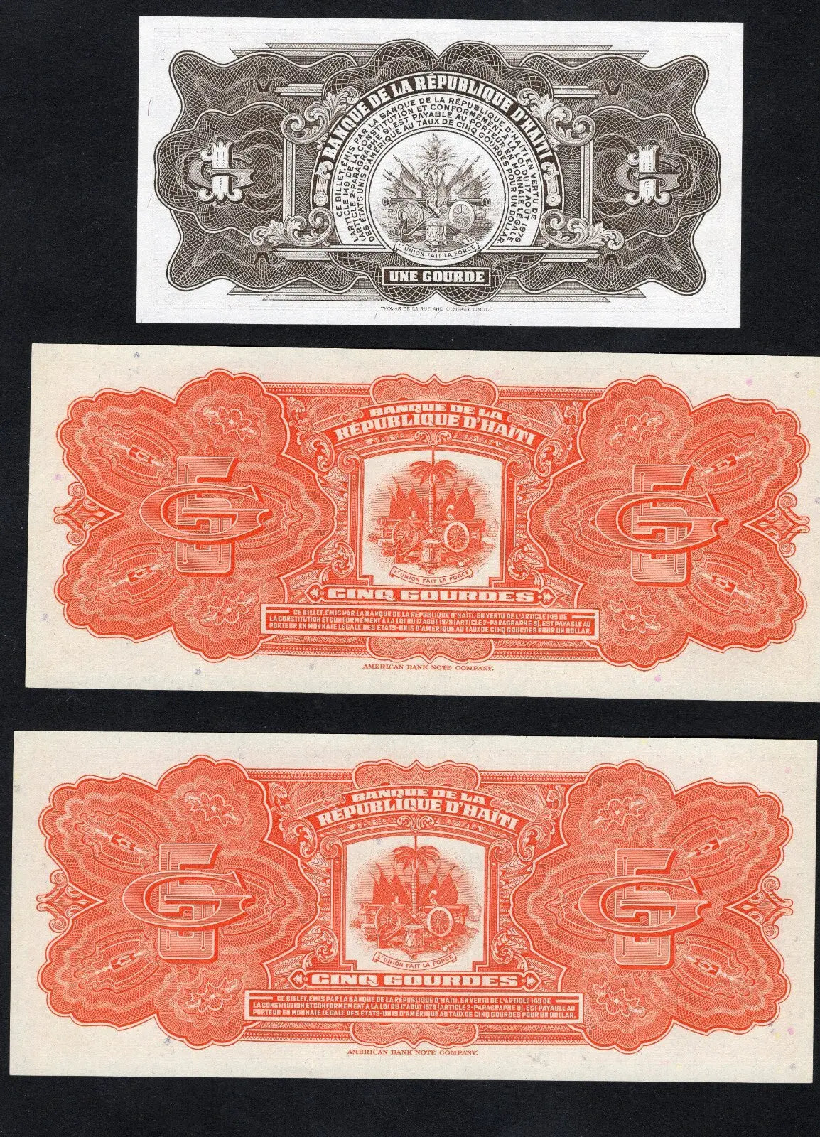 3 HAITI  banknotes 2x 5 Gourdes(1979/1982)  1 Gourde （1968）UNC /c1