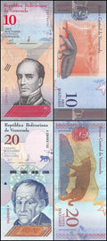 Venezuelan banknotes 10 and 20 bolívares showing portraits, animal illustrations, and security features.