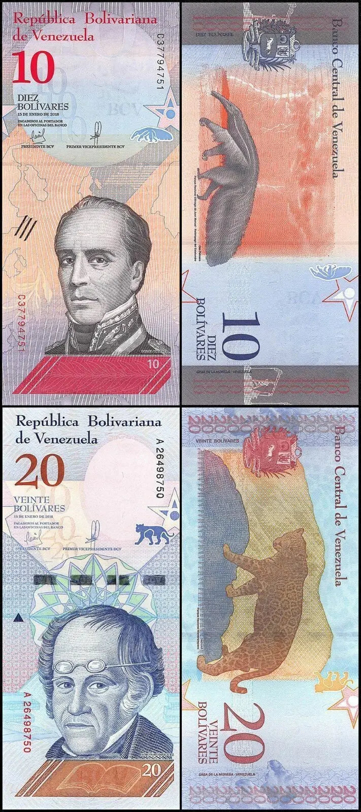 Venezuelan banknotes 10 and 20 bolívares showing portraits, animal illustrations, and security features.