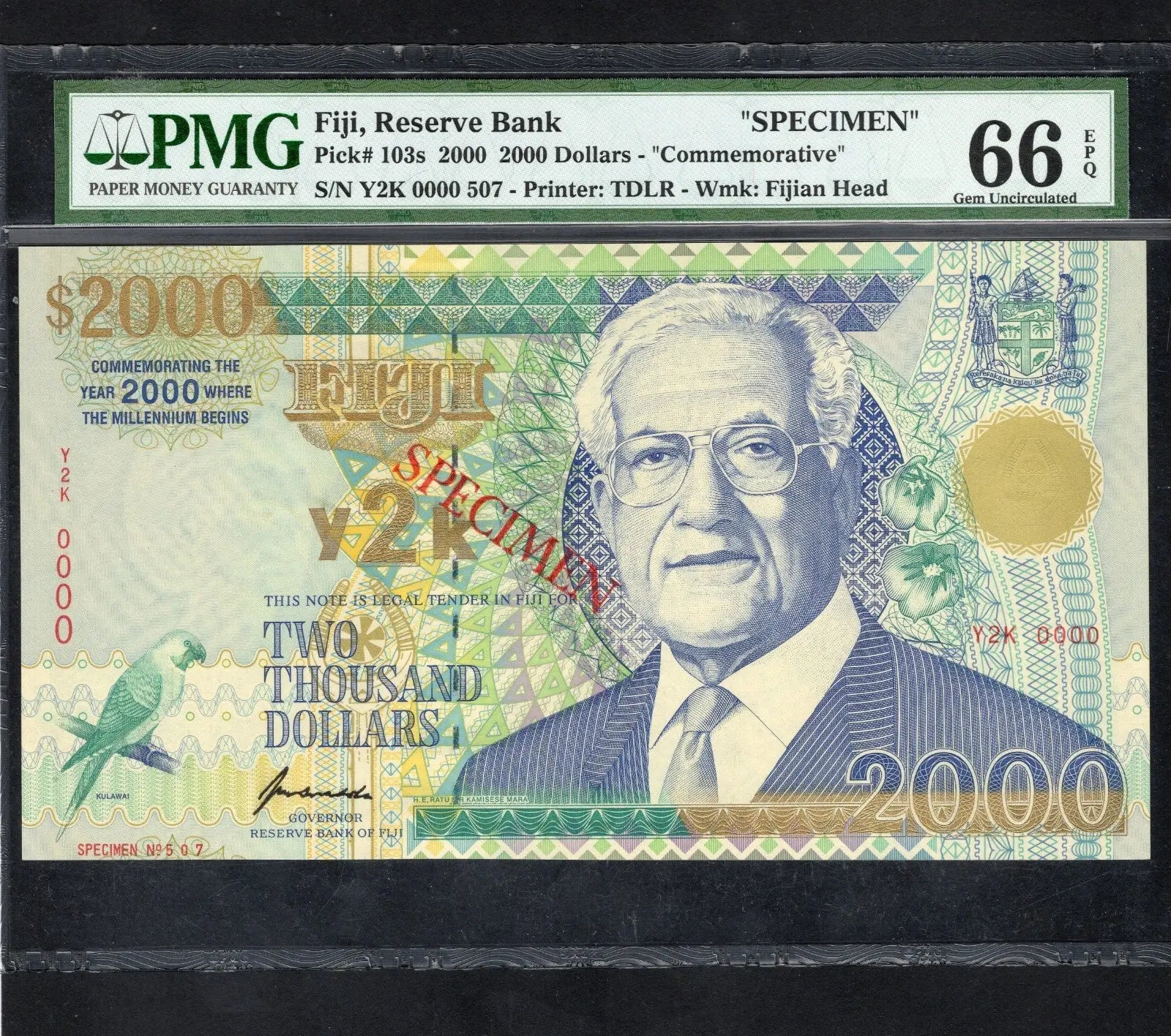 FRONT OF 2000 FIJI 2000 DOLLARS SPECIMEN PMG 66 EPQ GEM UNC