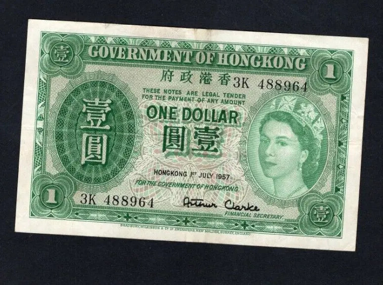 957 Hong Kong 1 Dollar banknote featuring Queen Elizabeth II portrait and signature of Arthur Clarke.