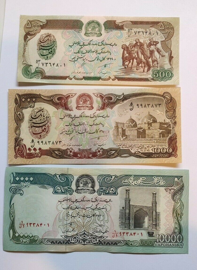 AFGHANISTAN 500, 1000,   10000 Afghanis - A Set of 3 Crisp UNC Banknotes