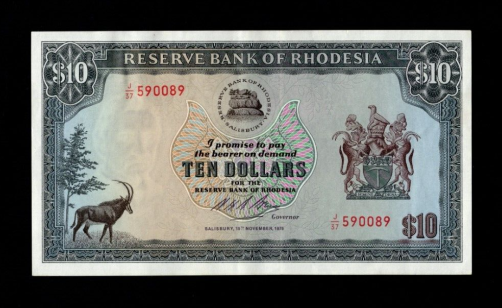 RESERVE BANK OF RHODESIA 10 DOLLARS 1975 BANKNOTE VF/REF D3 - worldbanknote