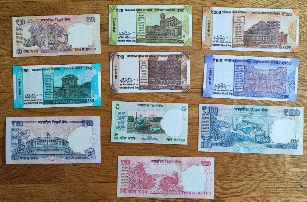 India, 5,10,10,20,20, 50,50,100,100,200,Rupees, set of 10 All In Unc - worldbanknote