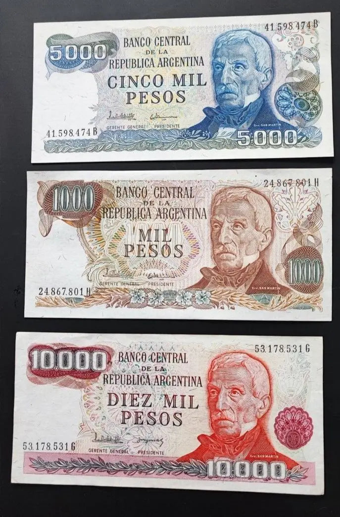Argentina set 7 pcs 1+50+100+500+1000+5000+10000 pesos Pick 303-315 AUNC