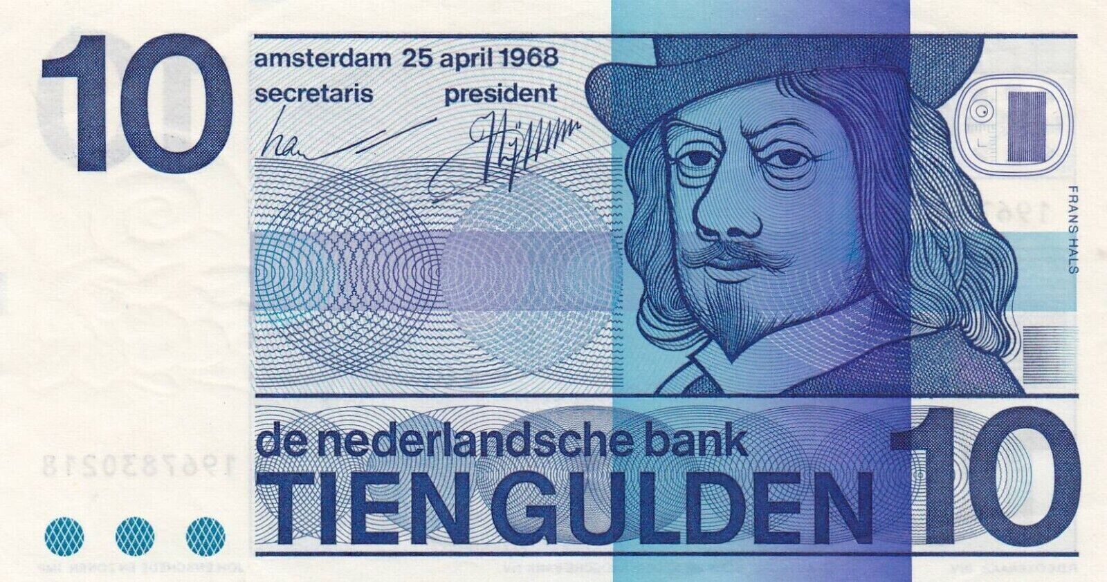 BANK OF NETHERLANDS , 10 GULDEN 1968 XF/ref d2 - worldbanknote