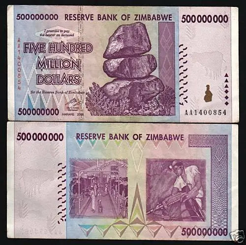 Zimbabwe 500 million dollar banknote featuring balancing rocks, Reserve Bank of Zimbabwe currency