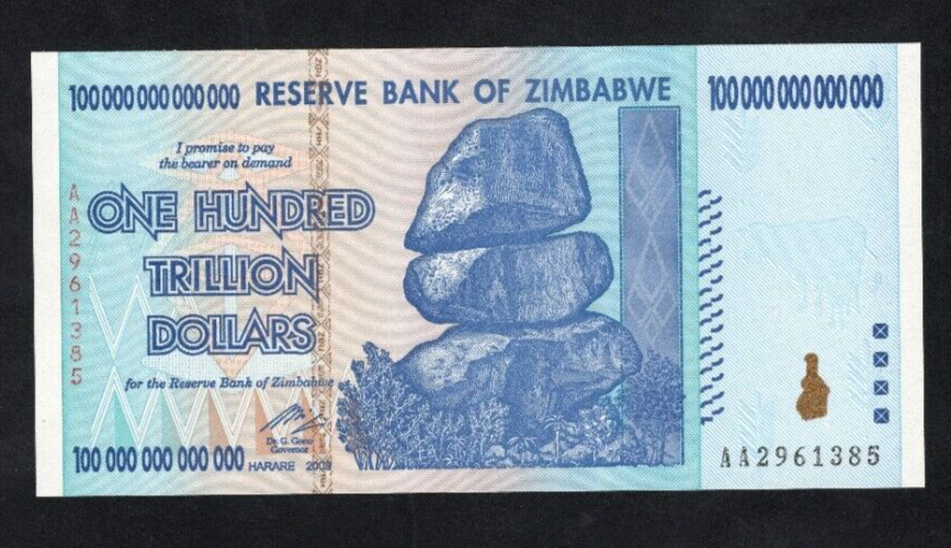 Zimbabwe 100 Trillion Dollar banknote. Genuine AA Serial Number UV checked UNC - worldbanknote