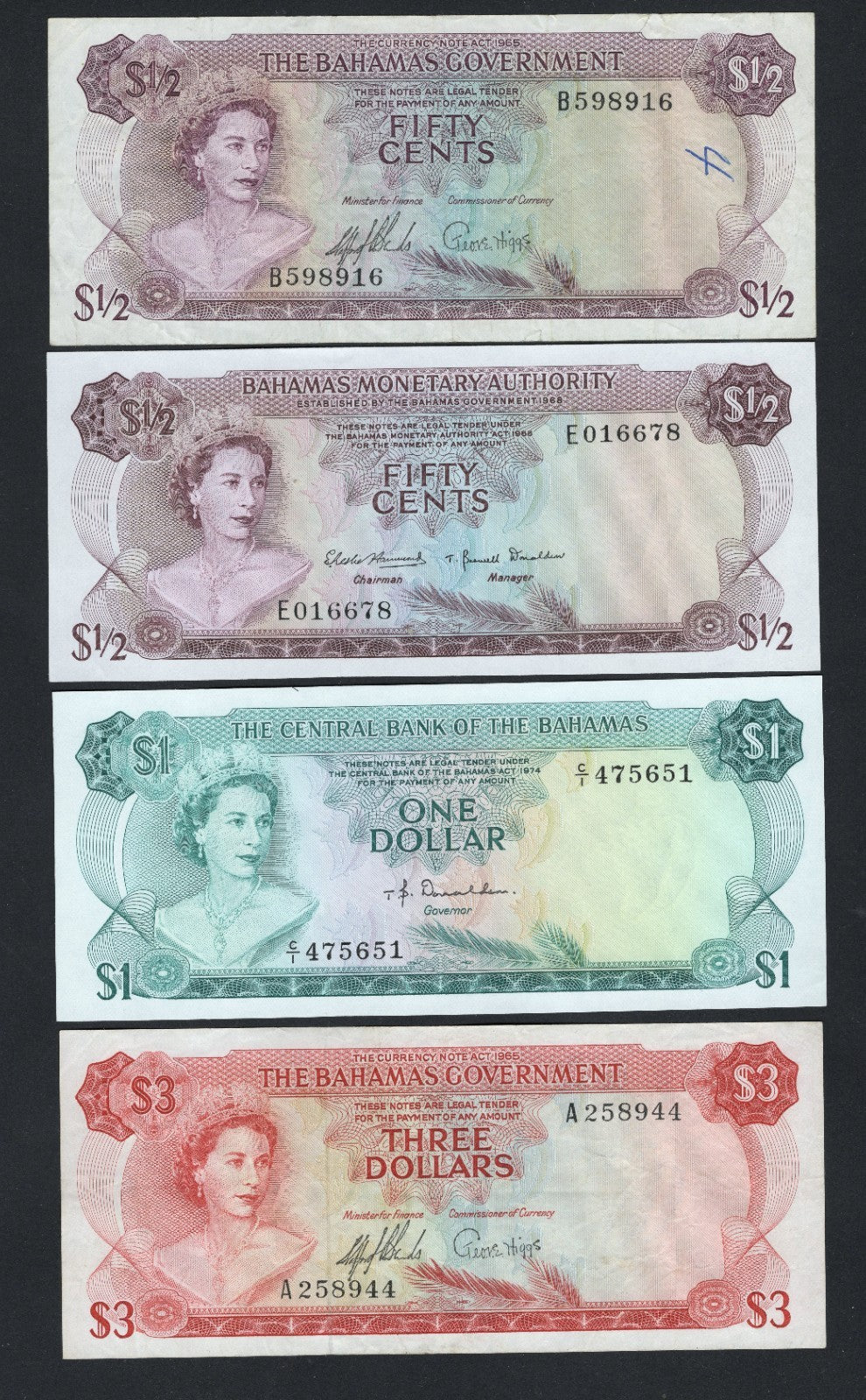 A SET OF 4 BAHAMAS  BANKNOTES(1/2,1/2,1, 3 DOLLARS) 1965/1974 AUNC /FINE /f10