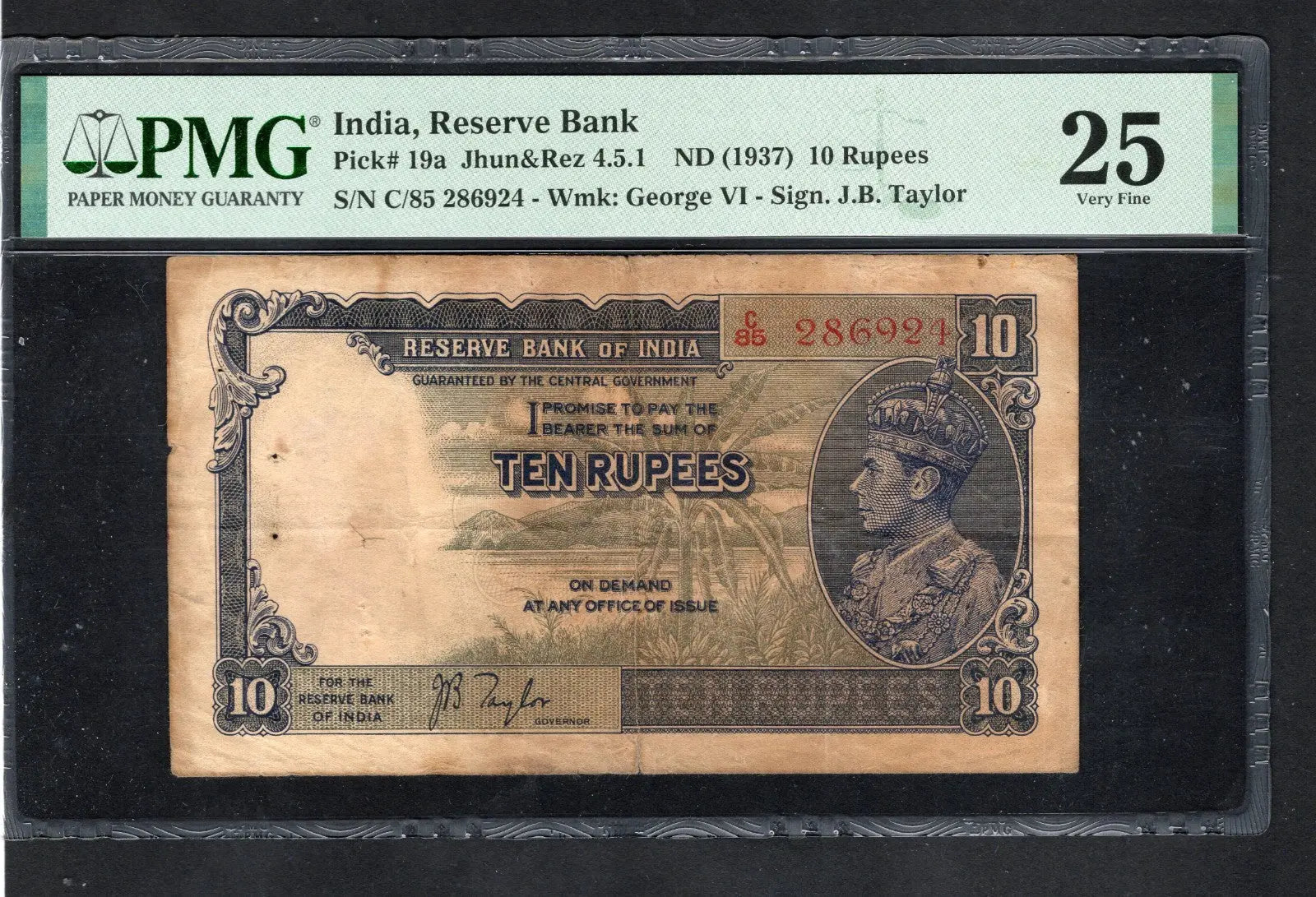 FRONT OF India British 10 TEN Rupees P19a 1937 PMG25  KING GEORGE