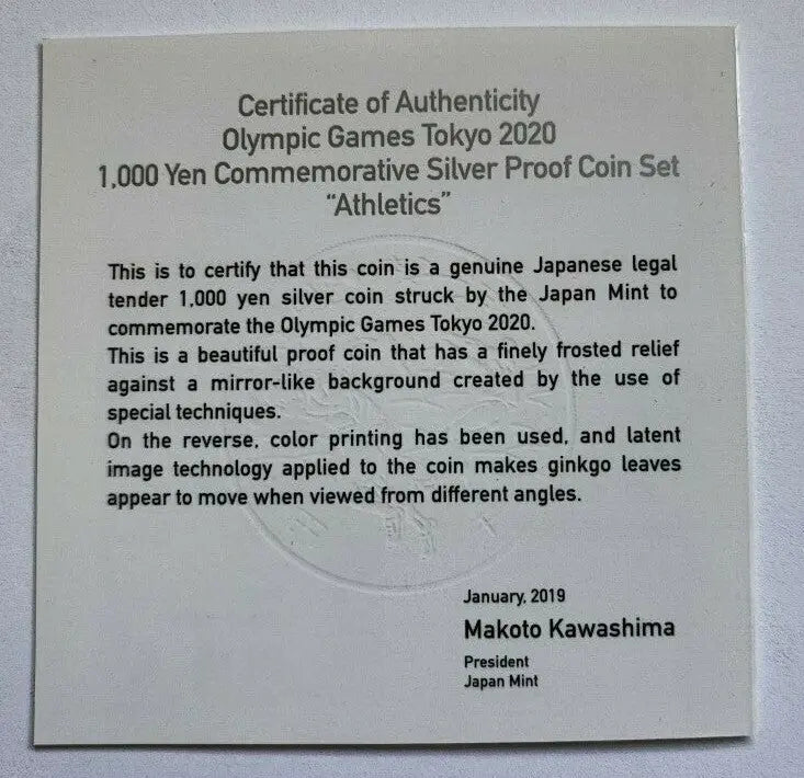 New Tokyo Olympic 2020 Game ATHLETICS 1000Yen Commemorative Silver Proof Coin