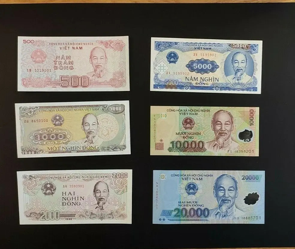 Vietnamese banknotes collection, various denominations with prominent portrait on black background