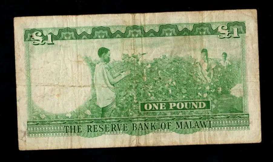 Front of 1964 Malawi 1 Pound banknote featuring President Hastings Kamuzu Banda and Lake Malawi fishermen.