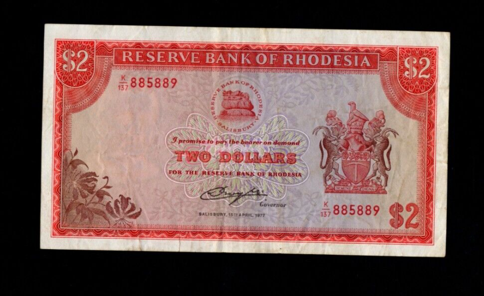RESERVE BANK OF RHODESIA 2 DOLLARS 1977 BANKNOTE VERY FINE/REF D2 - worldbanknote