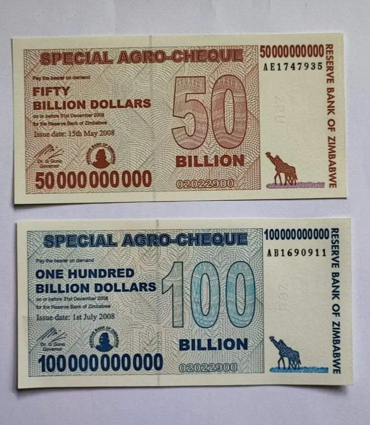 Set of 4 Zimbabwe 5 to 100 Billion Dollars Special Agro-Cheque Notea  AUNC