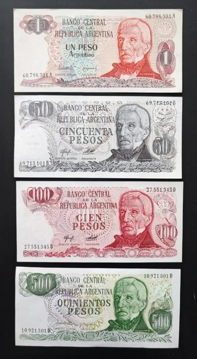 Argentina set 7 pcs 1+50+100+500+1000+5000+10000 pesos Pick 303-315 AUNC