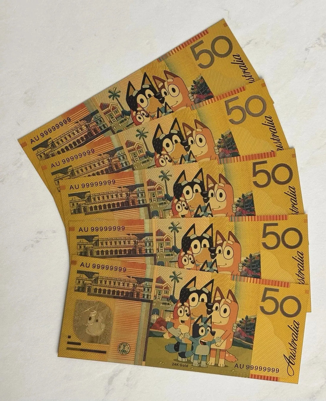 Set Of 5 Bluey  Gold Plated $50  Fantasy BankNotes