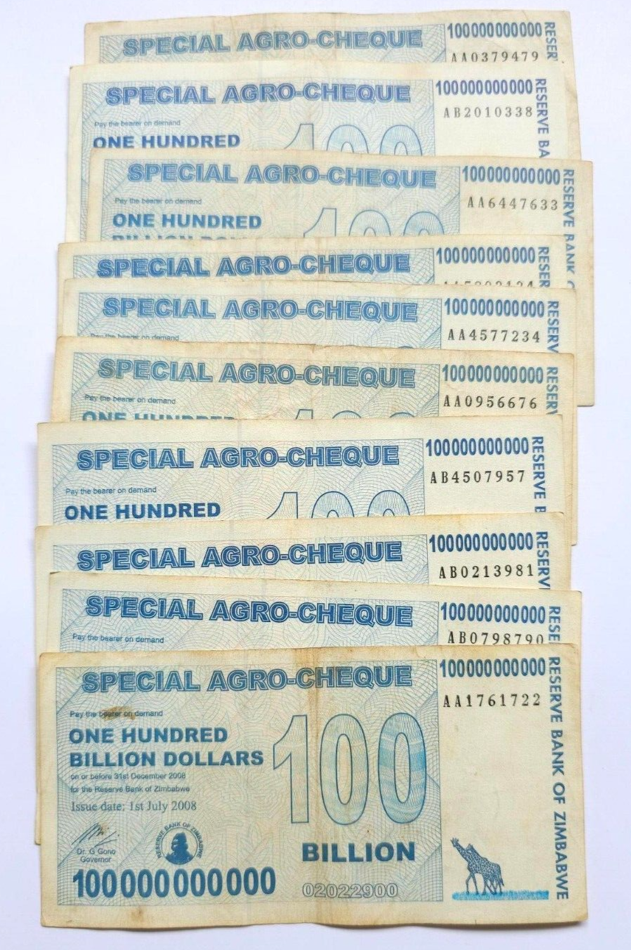 10 X 100 billion special agro cheque Zimbabwe dollar notes. used.