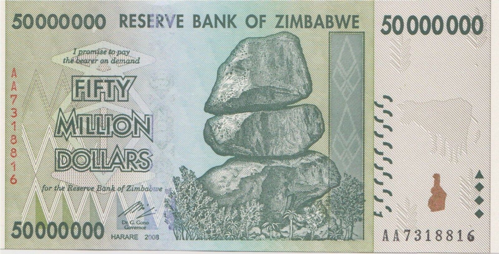 Zimbabwe 50 Million Dollars 2008 P-79 First Prefix 'AA' Banknotes UNC - worldbanknote