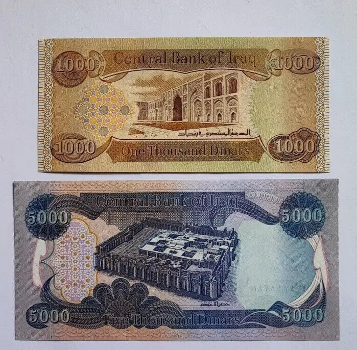 Iraqi 1000 dinar and 5000 dinar banknotes with intricate architectural designs