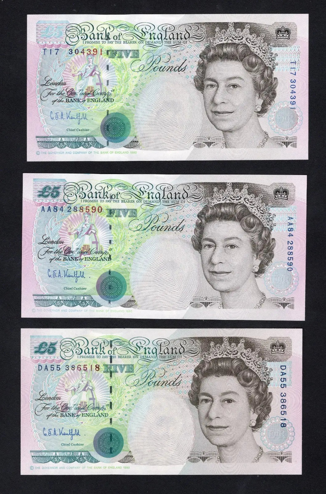 FRONT OF 3XBANK OF ENGLAND SIG. KENTIFIELD  £5 Pounds UNC/ d15