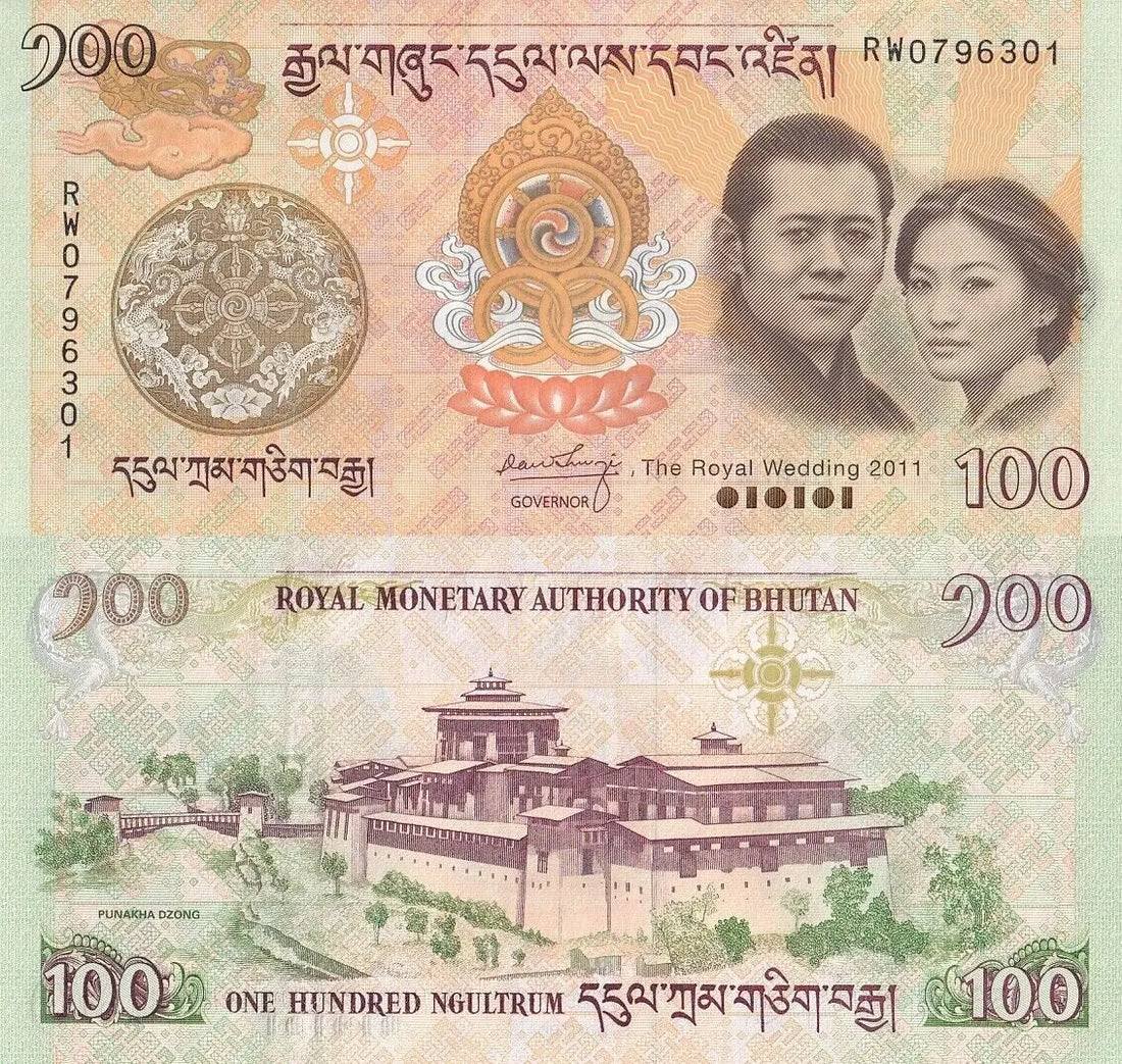 A commemorative 100 Ngultrum banknote from Bhutan featuring King Jigme Khesar and Queen Jetsun Pema, displayed with its official yellow wedding folder.