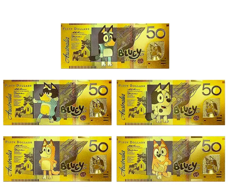 Set Of 5 Bluey  Gold Plated $50  Fantasy BankNotes