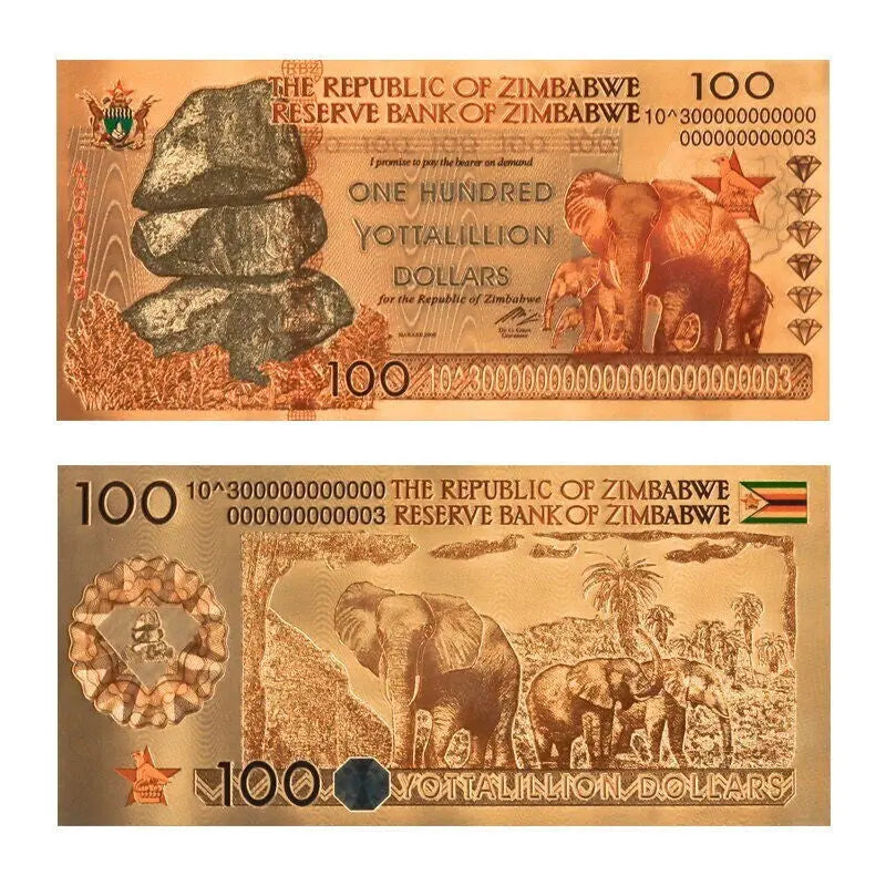 Zimbabwe 100 Yottalillion Dollars 10 Pcs Lot Gold Foil Banknote