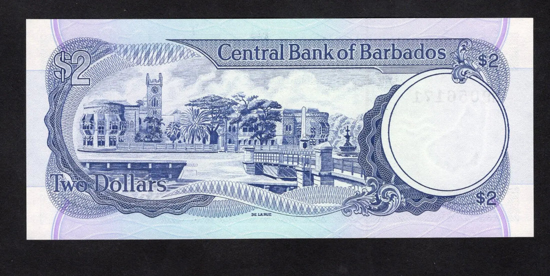 Front and back view of Barbados 2 Dollars banknote, 2007 issue, Pick 66b, featuring John Redman Bovell and Bridgetown Parliament Buildings in Uncirculated condition.