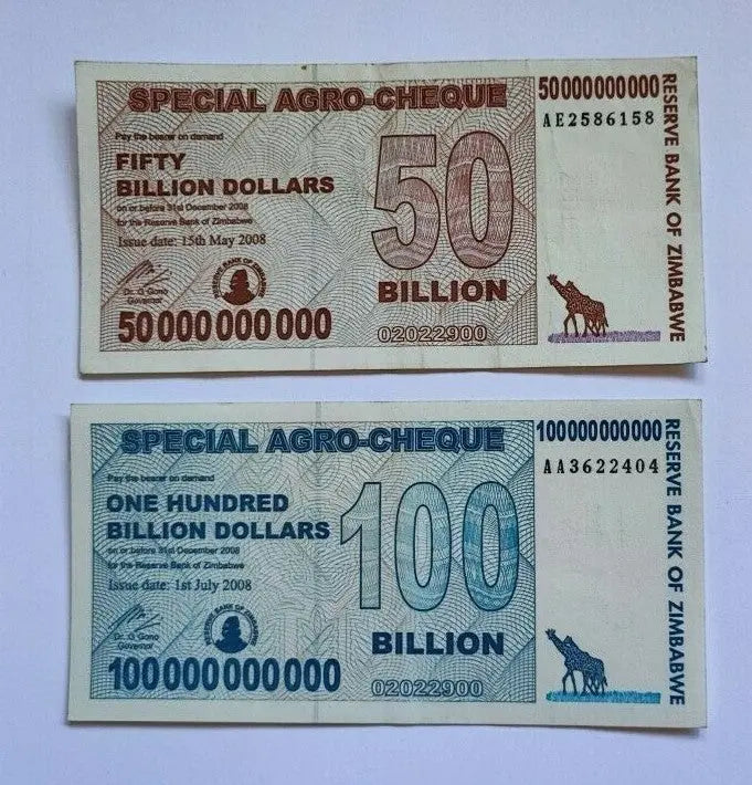 Zimbabwe 5 , 25 , 50 , 100 Billion Dollars Special Agro-Cheque  2008 Used 4 PCS