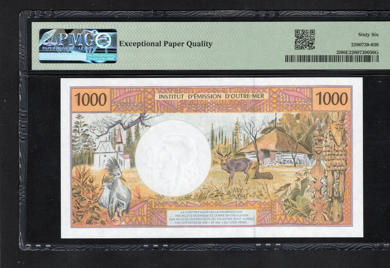 BACK OF French Pacific Territories:P-2i, 1000 Francs, 1996 * PMG S. Gem UNC 66 EPQ